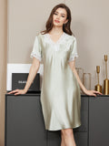 SilkSilky UK Pure Silk Short Sleeve V Neck Nightdress MintGreen 001