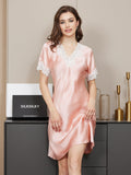 SilkSilky UK Pure Silk Short Sleeve V Neck Nightdress Pink 003