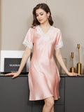 SilkSilky UK Pure Silk Short Sleeve V Neck Nightdress Pink 005