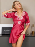 SilkSilky UK 19Momme Pure Silk Half Sleeve Deep V Neck Dress RoseRed 001