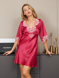 SilkSilky UK 19Momme Pure Silk Half Sleeve Deep V Neck Dress RoseRed 003