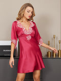 SilkSilky UK 19Momme Pure Silk Half Sleeve Deep V Neck Dress RoseRed 005