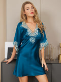 SilkSilky UK 19Momme Pure Silk Half Sleeve Deep V Neck Dress Teal 004