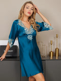 SilkSilky UK 19Momme Pure Silk Half Sleeve Deep V Neck Dress Teal 005