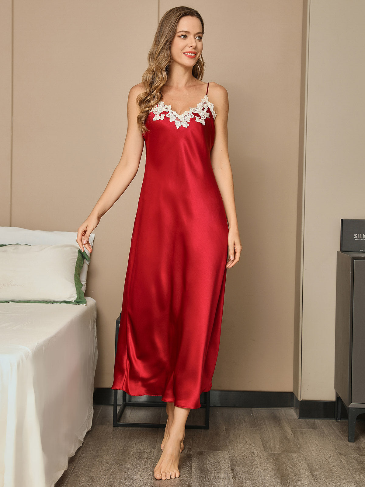 [Wine] SilkSilky-UK 19Momme Pure Silk Sleeveless V Neck Dress 004
