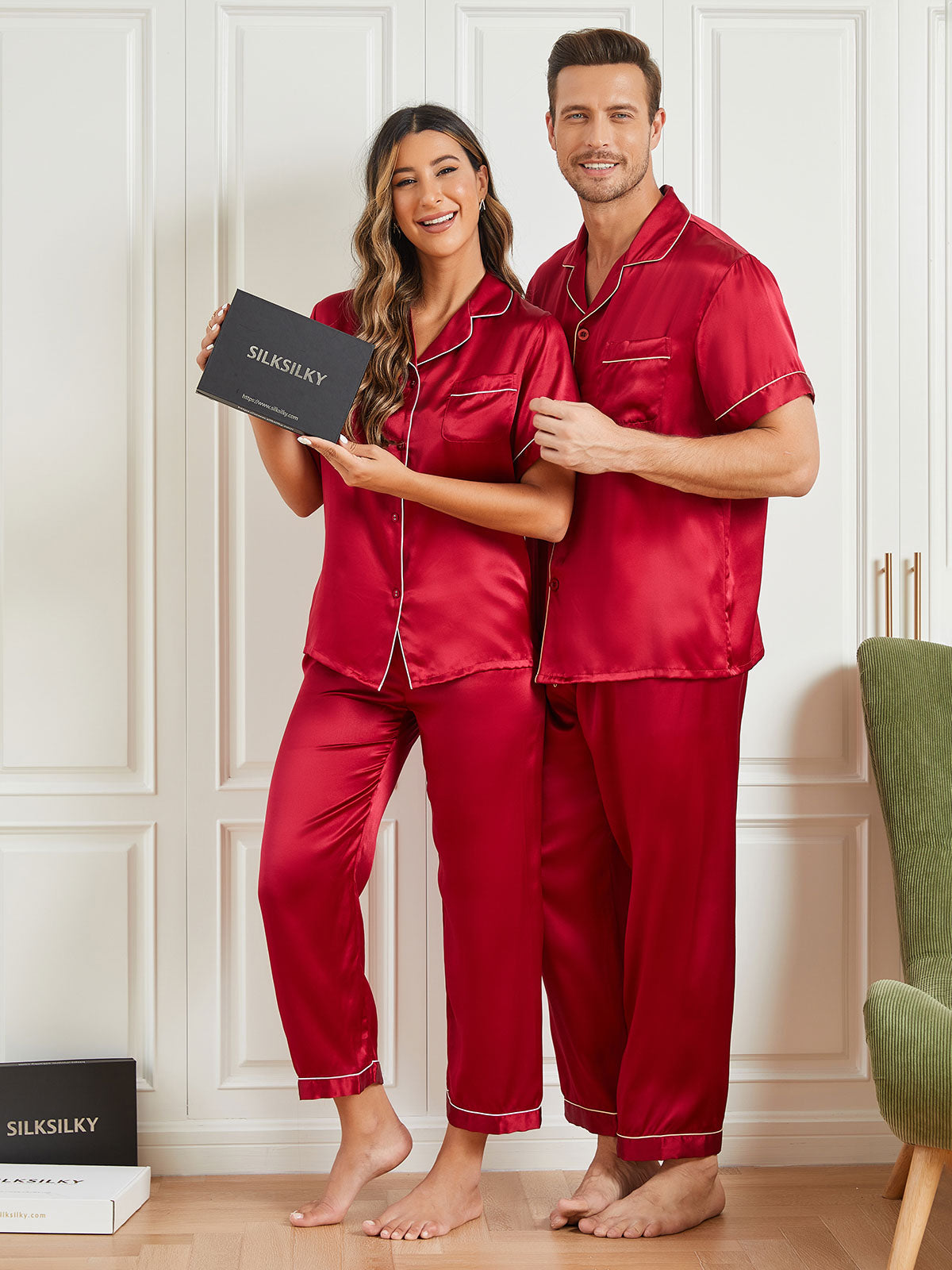 [Wine] SilkSilky-UK Pure Silk Short Sleeve Couple 005